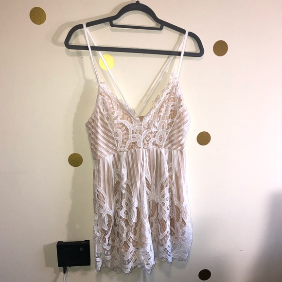 Other - Lacey White Romper W. Nude Slip + Criss Cross Back